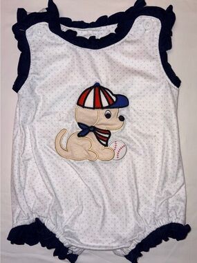 Boutique polka dot Bubble with cute Dog and Baseball appliqué sz 6-12 mo